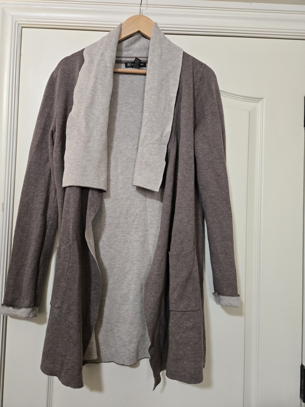 INC International Concepts Two-Tone Open Front Cardigan in Brown and Cream